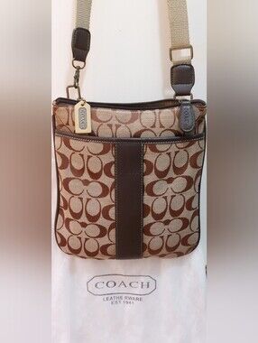 NEW Coach Beige Monogram Crossbody Bag Front Embossed Logo Brown Leather Trim